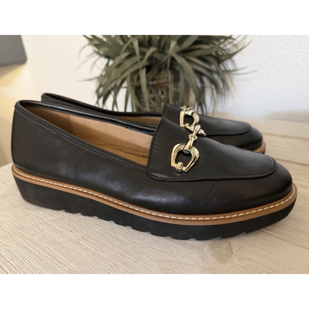 Naturalizer Genuine Leather Loafers Sz 9 Adiline Bit Slip On Black Lug Sole Gold